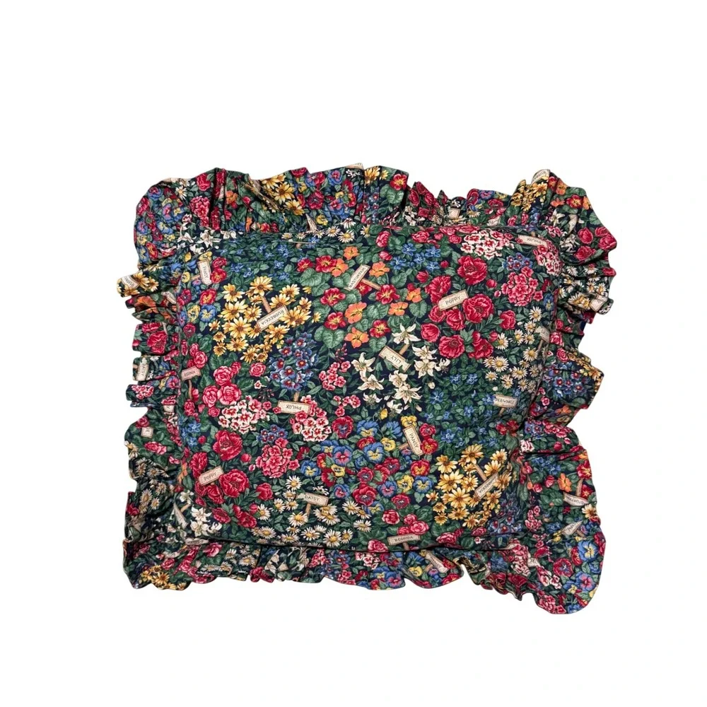 Vintage Hand Embroidered Alphabet Sampler Floral Chintz Ruffle Pillow 20x20